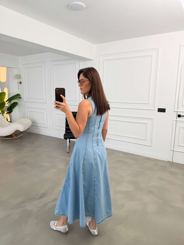 Mavi Dikiş Detaylı Jean Elbise 1029-Mavi