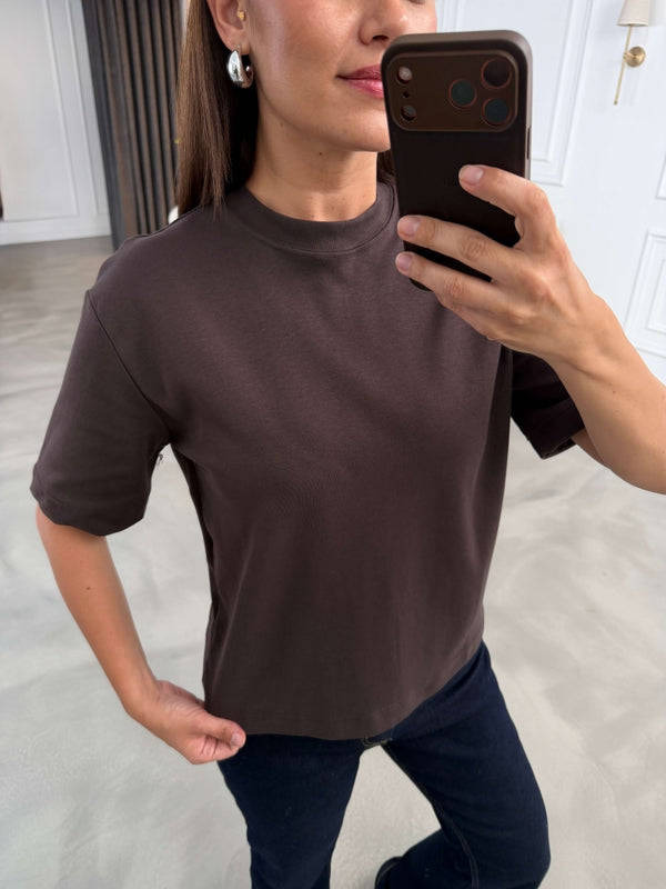Kahverengi Bisiklet Yaka Basıc Tshirt 6597-Kahverengi