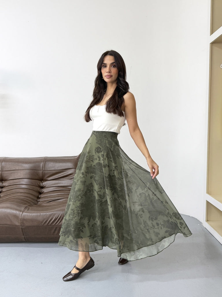 Yeşil Çiçek Detaylı Şifon Etek 0613-Yeşil