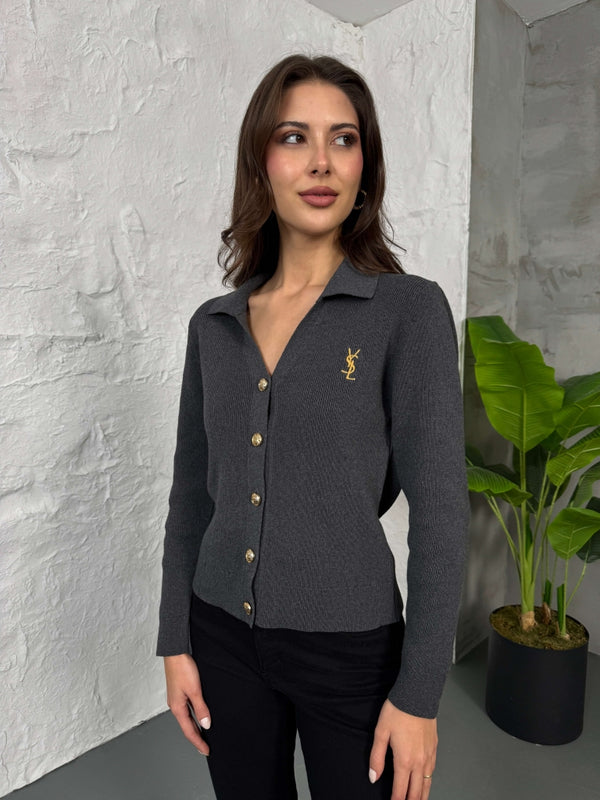 Antrasit Gold Düğmeli Polo Yaka Hırka EM-001-Antrasit