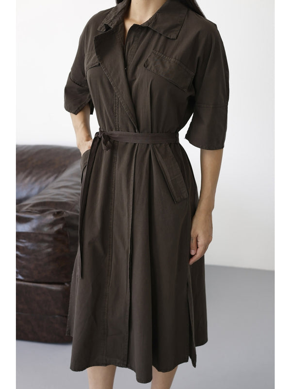 Kahverengi Önden Fermuarlı Kuşaklı Elbise 0049-Kahverengi