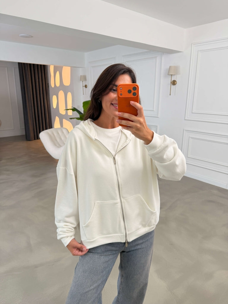 Ekru Sırtı Pul İşlemeli Fermuarlı Sweat 4196-Ekru