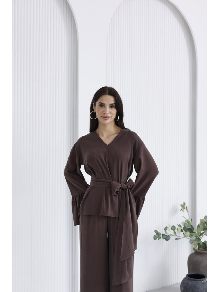 Kahverengi Kolları Volanlı Bel Bağlamalı Takım 0812-Kahverengi