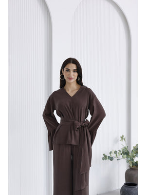 Kahverengi Kolları Volanlı Bel Bağlamalı Takım 0812-Kahverengi