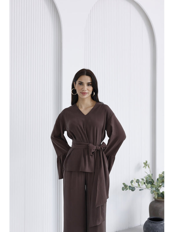 Kahverengi Kolları Volanlı Bel Bağlamalı Takım 0812-Kahverengi