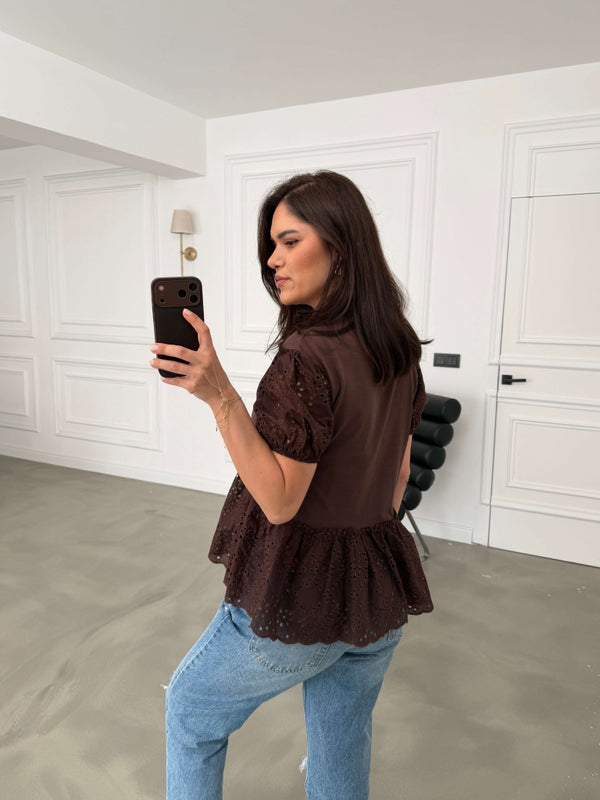 Kahverengi Karpuz Kol Fistolu Tshirt EY3263-Kahverengi