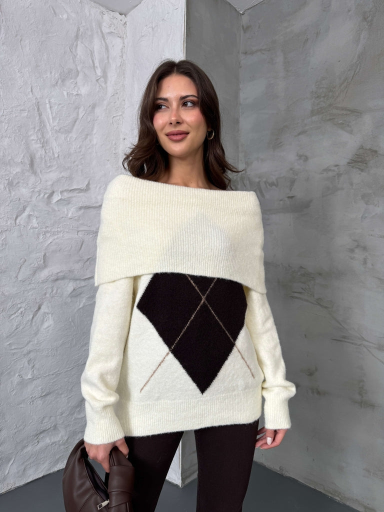 Ekru Açık Yaka Baklava Desen Kazak 2530-Ekru