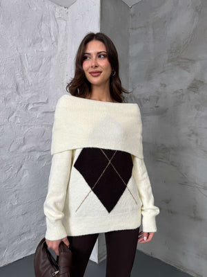 Ekru Açık Yaka Baklava Desen Kazak 2530-Ekru