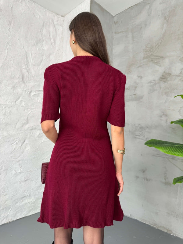 Bordo Kısa Kol Gold Düğmeli Triko Elbise