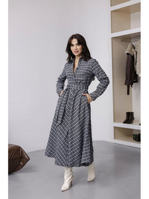 Lacivert Kuşaklı Ekose Elbise 8245-Lacivert