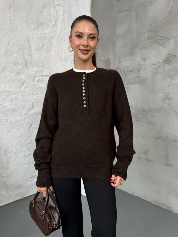 Acı Kahve Yarım Düğmeli Kazak 241246-Acı Kahve