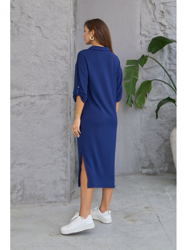 Lacivert Kol Detaylı Polo Yaka Modal Elbise 0562-Laci