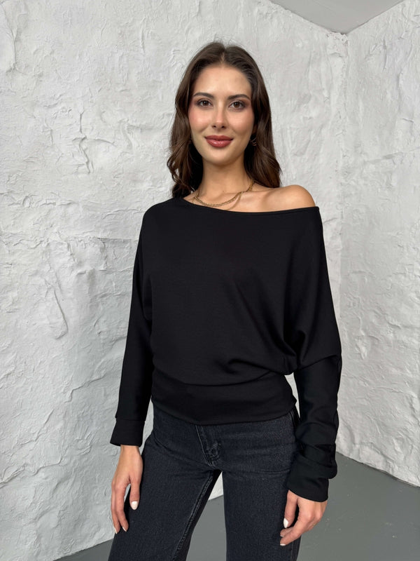 Siyah Kayık Yaka Modal Bluz 2540-Siyah