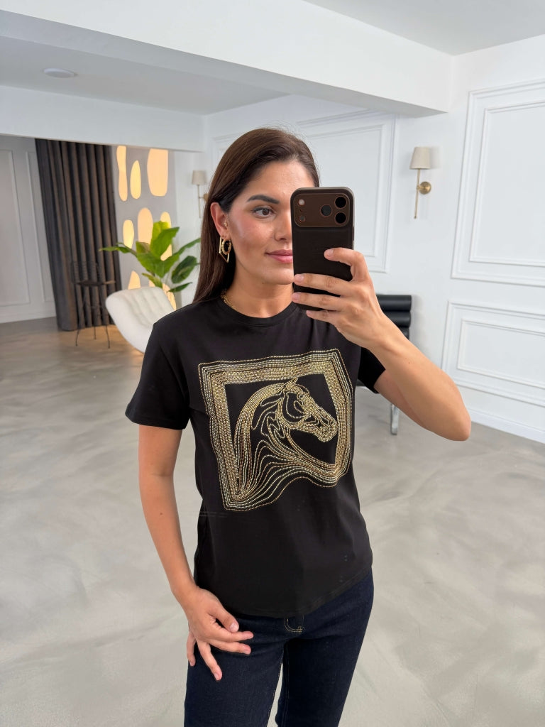 Siyah Desen Taşlı Tshirt 8717-Siyah