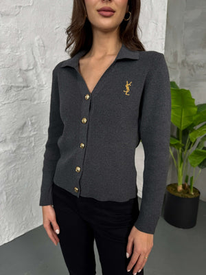 Antrasit Gold Düğmeli Polo Yaka Hırka EM-001-Antrasit