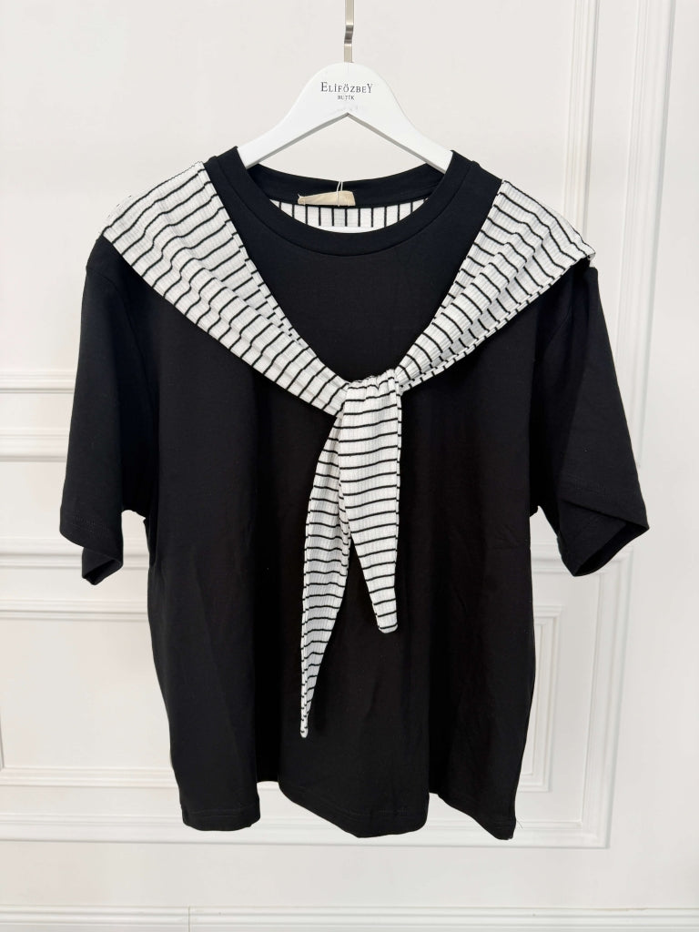 Siyah Çizgili Fular Detaylı Tshirt 580688-Siyah