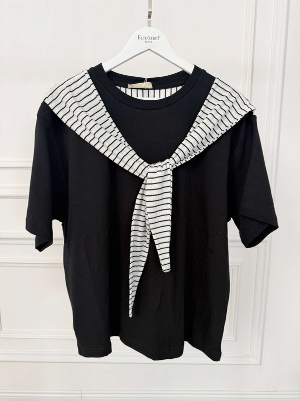 Siyah Çizgili Fular Detaylı Tshirt 580688-Siyah