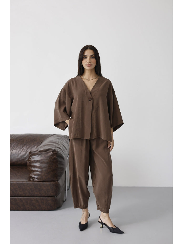 Kahve Tek Düğmeli Bluz Pantolon Takım 51189-Kahve