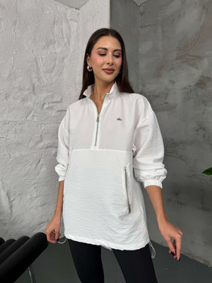 Beyaz Paraşüt Kumaş Fermuarlı Sweat