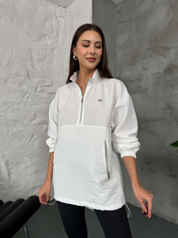 Beyaz Paraşüt Kumaş Fermuarlı Sweat