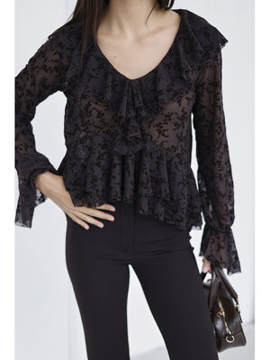 Kahverengi Çiçekli Fırfırlı Tül Bluz 1110-Kahverengi