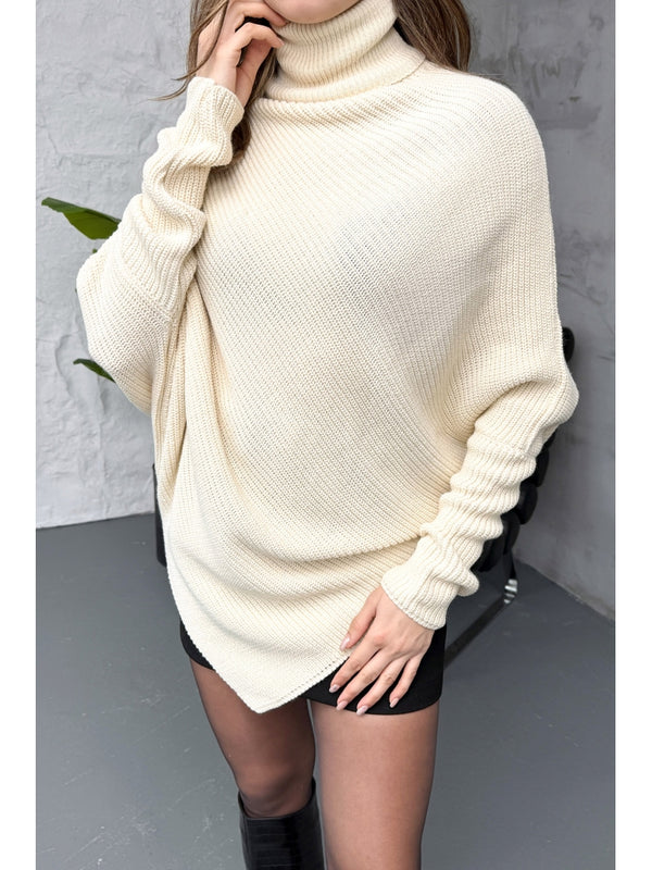 Ekru Boğazlı Triko Panço 2574-Ekru