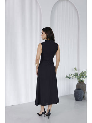 Siyah Toka Detaylı Yırtmaçlı Elbise 0805-SİYAH