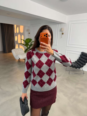Bordo Baklava Desen Yumuşak Kazak 2319-Bordo