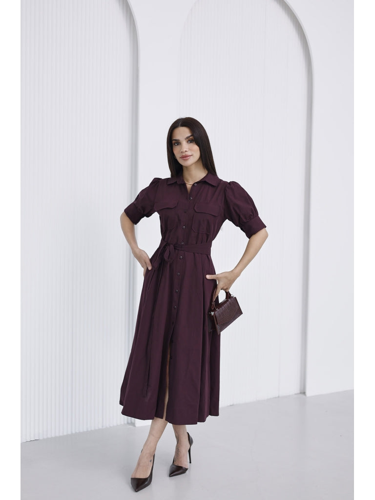 Mürdüm Balon Kol Gömlek Elbise EY-0045-MÜRDÜM