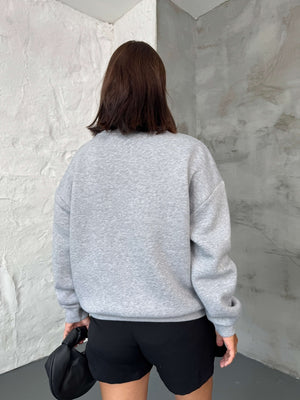 Gri Oxford Nakışlı Bisiklet Yaka Sweat