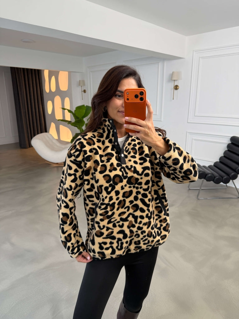 Leopar Yakası Çıtçıtlı Peluş Sweat 4322-Leopar
