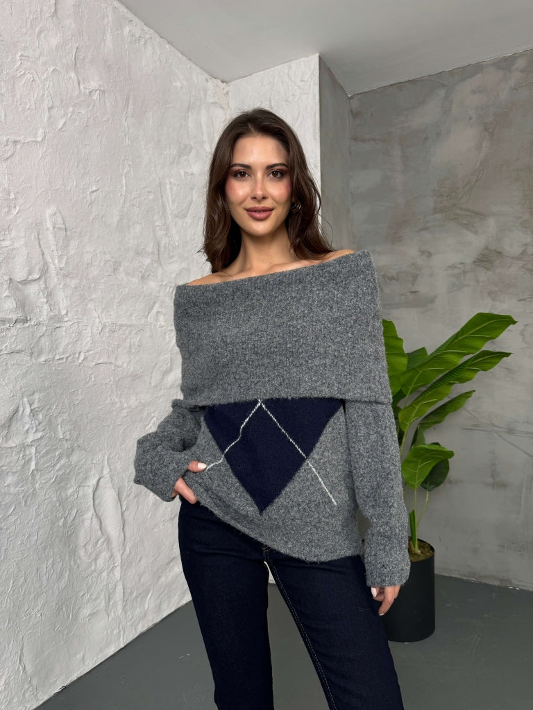 Antrasit Açık Yaka Baklava Desen Kazak 2530-Antrasit