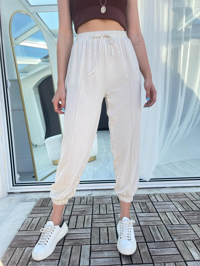Taş Paçası Lastikli Keten Pantolon 58113-Taş