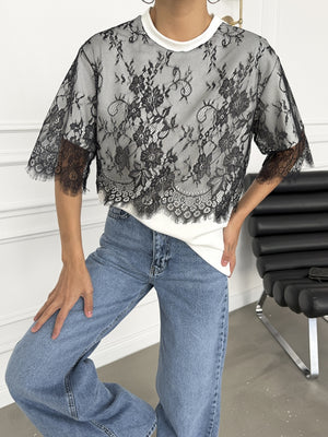 Beyaz Dantelli Tasarım Tshirt 1092-Beyaz