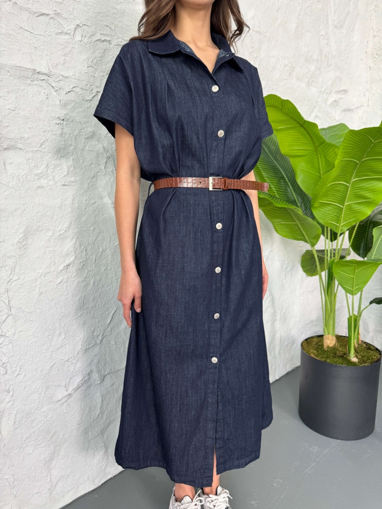 Mavi Boydan Düğmeli İnce Denim Elbise