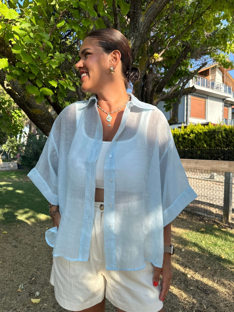 Açık Mavi Transparan Kısa Kolu Oversize Gömlek 4927-AÇIK MAVİ