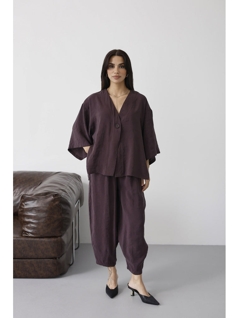 Mürdüm Tek Düğmeli Bluz Pantolon Takım 51189-Mürdüm