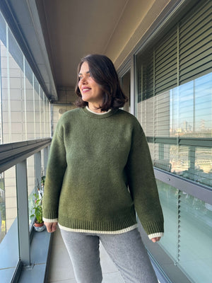Yeşil Çizgi Detaylı Oversize Kazak