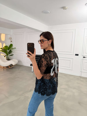 Siyah Baskılı Dantel Tshirt 1098-Siyah