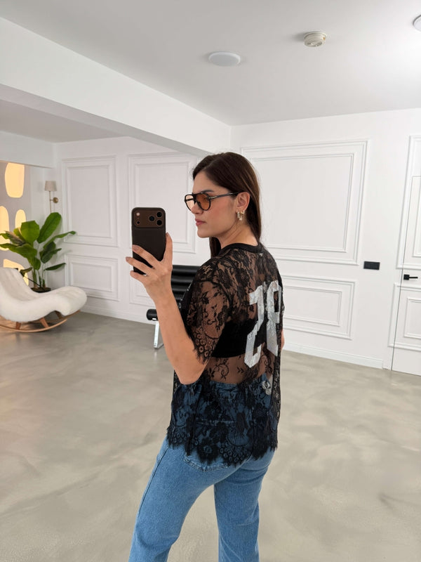 Siyah Baskılı Dantel Tshirt 1098-Siyah