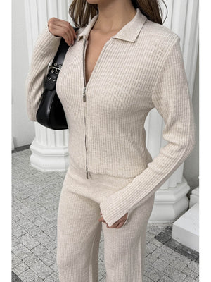 Taş Çift Fermuarlı Fitilli Triko Takım 0103-Taş