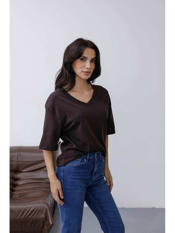 Kahverengi Orj Marka V Yaka Tshirt 6598-Kahverengi