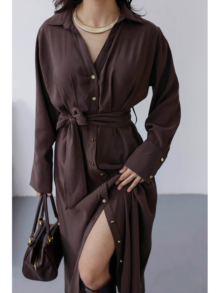 Kahverengi Beli Pileli Kemerli Elbise 8254-Kahverengi