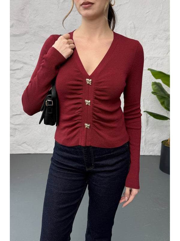 Dilvin  Bordo V Yaka Düğmeli Triko Kazak 10805-Bordo