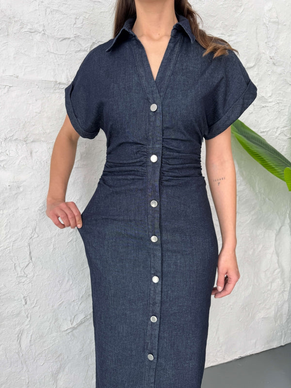 Lacivert Düşük Kol Drapeli Denim Elbise 258198-LACİVERT