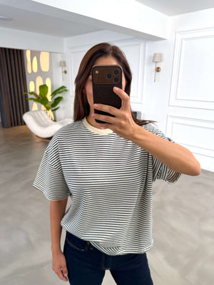 Ekru Lacivert Çizgili Orj Marka Oversize Tshirt 6274-Ekru Lacivert