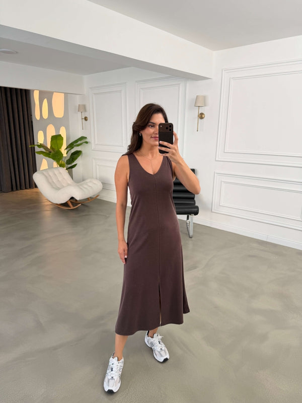 Kahve Ön Yırtmaçlı Askılı Elbise 2562-Kahve