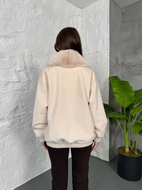 Premium Taş İİthal Kumaş Kürk Mont 70099-Taş