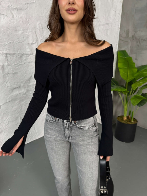 Siyah Madonna Yaka Çift Yön Fermuarlı Bluz 2545-Siyah