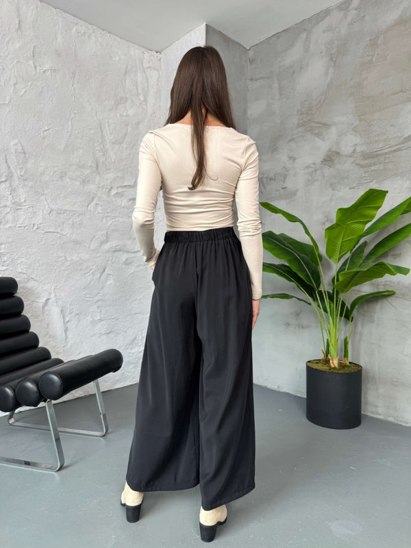 Siyah Beli Pilili Tencel Pantolon